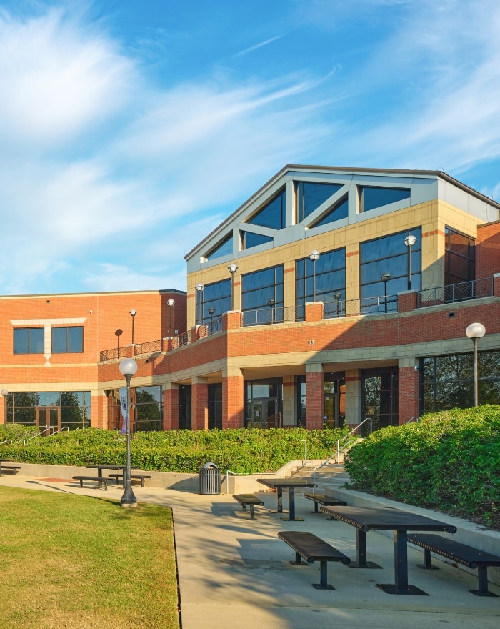 The lakeside entrance to the Student Life Building at MGA's Macon campus